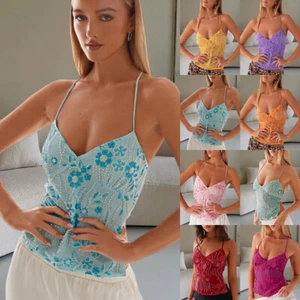Womens Glitter Sequins Beaded Tank Tops Backless V Neck Vest Cami Summer Shirts - Picture 1 of 25