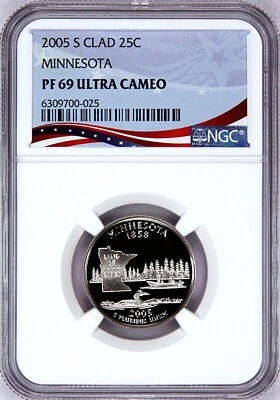 2005-S Proof State Quarter, Minnesota,  PF69 Ultra Cameo NGC, Patriotic Label - Image 1 of 4