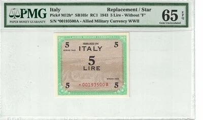 ITALY 5 Lire 1943 Replacement/ Star PICK# M12b* PMG:65 EPQ GEM UNC. (#1749) - Image 1 of 2
