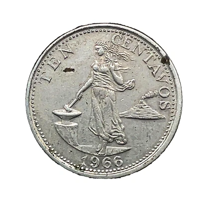 1966 Philippines 10 Centavos KM# 188 Nickel-Copper , Coat of Arms Woman Volcano - Image 1 of 4