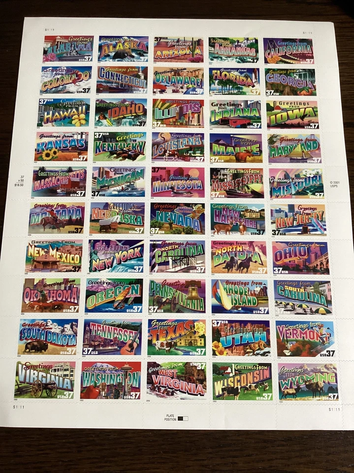 Scott#3696-3745 37¢ Greetings From America Sheet of 50 Stamps MNH-2002-US - Image 1 of 1