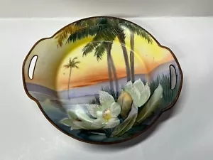 Vintage Hand Painted Nippon Dish Plate with Handle Tropical Beach Palm Trees B - Picture 1 of 6