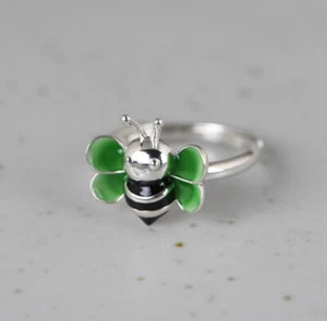 I05 Cloisonne Ring Biene mit grünen Flügeln Sterling Silber 925verstellbar - Bild 1 von 3