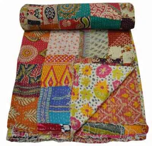 Indian Patchwork Kantha Quilt Beautiful Reversible Handmade Bedding King Blanket - Picture 1 of 3