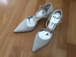 Clarks Silver Grey Satin  Effect Embellished Buckle Kitten Heel Shoes - Size UK5