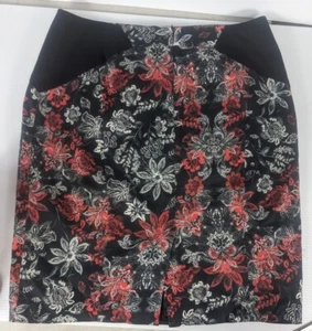 Veronika Maine: Black, Red & White Floral Print Pencil Skirt Cotton Size 14 - Picture 1 of 3