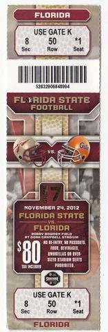 2012 FLORIDA STATE SEMINOLES VS FLORIDA GATORS FOOTBALL TICKET STUB 11/24/12 Cover