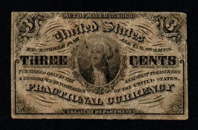 3rd Issue 1864-69 3c Washington Fractional Currency! - Image 1 of 2