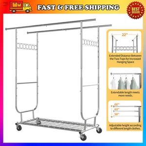 Clothes Rack Heavy Duty Clothing Garment Rack w/ Wheel Double Rod Closet Shelves - Picture 1 of 15