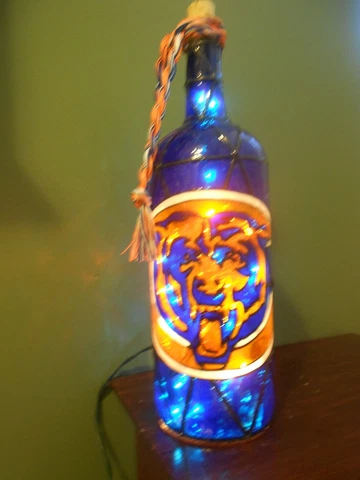 Chicago Bears Inspiered Bottle Lamp Hand Painted Lighted Stained Glass look Cover