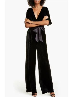 Mono de terciopelo efecto envolvente con cinturón Breanna negro Alice+Olivia $550 talla 4 Foto 1 de 4