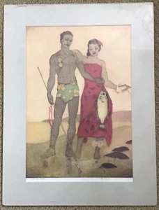 Print of Vintage 50-60's "Fisherman, Hawaii" Artist John Kelly Matted, Sealed - Picture 1 of 6