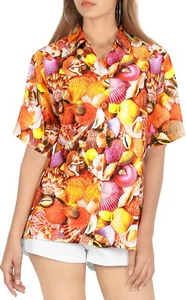 HAPPY BAY Hawaiian Shirts Womens Casual Summer Beach XXL Seashells, Orange - Picture 1 of 3