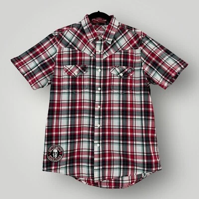 Camisa mediana a cuadros con parche de calavera abotonada Ed Hardy Christian Audigier para hombre Foto 1 de 4