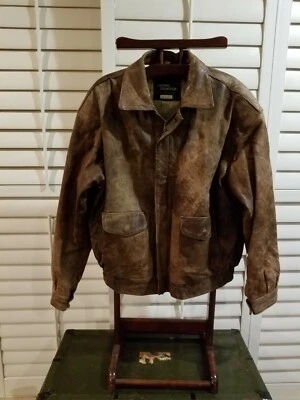 Винтажная кожаная коричневая куртка-бомбер мотоциклетная мужская XL рокабилли мягкая военная - Изображение 1 из 4