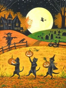 1.5x2 CASA DE MUÑECAS IMPRESIÓN MINIATURA DE PINTURA RYTA ESCALA 1:12 BRUJA Gato de Halloween - Imagen 1 de 1