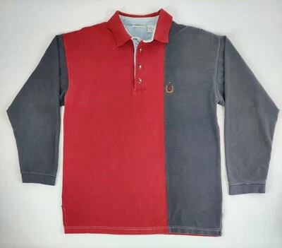 Bugle Boy Classic Men’s Collared Long Sleeve Polo Logo Crest Medium Blue Red - Image 1 of 4