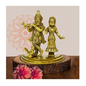 Brass Radha Krishna Idol on oval platform base; height- 14.5 cm - Picture 1 of 4