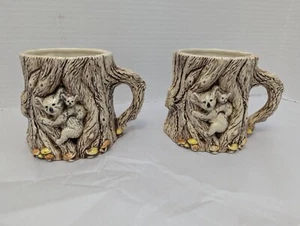 Mushrooms Koalas Ceramic Coffee Cup Tree Mug Vintage Set of 2 - Picture 1 of 11