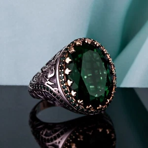 Men's Zircon Green Gemstone Ring 925 Sterling Silver Ring Size 7-15 US - Picture 1 of 5