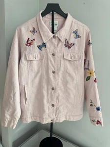 Quacker Factory Pink Linen Blend Embroidered Butterfly & Floral Jacket Sz Large - Picture 1 of 10