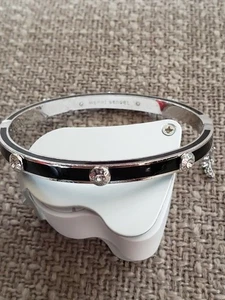 Henri Bendel Black Enamel & Silver Hinged Bangle Bracelet Rhinestones Signed EUC - Picture 1 of 5