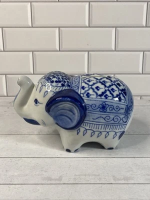 Blue And White Elephant Coin Bank Thailand Trunks Up - Image 1 of 4
