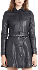 Classic Women Lambskin 100% Leather Long Trench Coat Overcoat Basic Black Belted