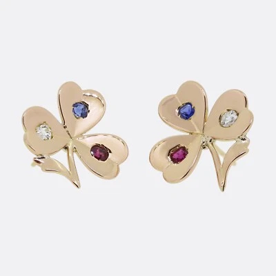 Vintage Diamond Ruby Sapphire Shamrock Earrings 14ct Rose Gold - Image 1 of 4