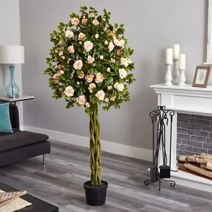 6’ Rose Artificial Tree w/Woven Trunk UV Indoor/Outdoor Home Decor. Retail $283 - Picture 1 of 2