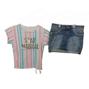 Justice/Garanimals Girls Denim Skort Set-10-Knotted T-Shirt-Silver Foil Graphics - Picture 1 of 7