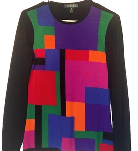 Lauren Ralph Lauren Women's M Long Sleeve Merino Multicolor Color Block Sweater - Picture 1 of 7