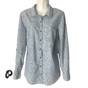 Kim Rogers Shirt Women’s L Blue Paisley Button Up Cotton Top Roll Tab Sleeve - Picture 1 of 7
