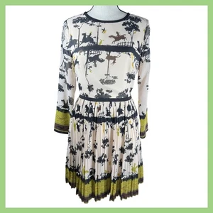 Ted Baker London Pleated Dress Equestrian Print Long Sleeve Ivory Black 0 - Picture 1 of 14