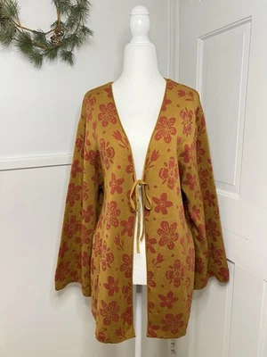 Cardigã Gudrun Sjoden floral frente amarrada 100% algodão suéter Lagenlook tamanho XL - Imagem 1 de 4