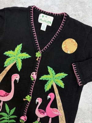 Quacker Factory Cardigan Sweater Womens Medium Black Flamingo Palm Tree Applique - Image 1 of 4