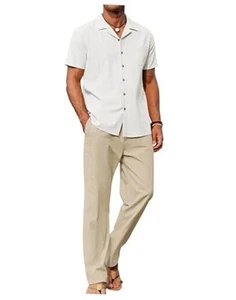 Men 2 Piece Linen Outfit Beach Button Down Shirt Casual Loose Pant Sets - Picture 1 of 6