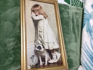 Vintage gerahmtes Bild, junges Mädchen und Hund - Bild 1 von 10