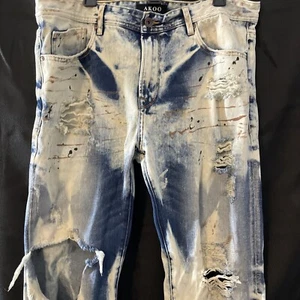 Akoo Jeans Blue Distressed Painted Jeans Mens Size 38x32 - Picture 1 of 20