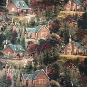 1/2 Yard David Textiles Fabric Cotton Quilt Thomas Kinkade Log Cabin Tree Fall H - Picture 1 of 4