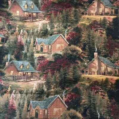 1/2 Yard David Textiles Fabric Cotton Quilt Thomas Kinkade Log Cabin Tree Fall H - Image 1 of 4