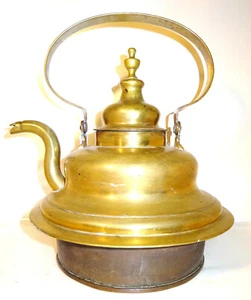 Antiker Wasserkessel, Messing, vernickelt, mit Kupferboden für Stangenherd - Bild 1 von 10