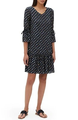 LAFAYETTE 148 Navy Blue Geo Print Silk V-Neck Pleated Cocktail Dress XS = 0/2 - Image 1 of 4