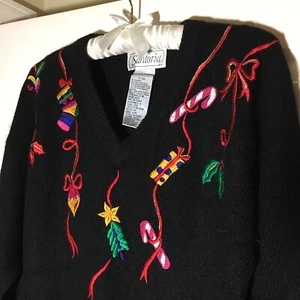'Santoria' Black Silk Blend V-Neck Holiday Sweater - EUC - Size S/M - Picture 1 of 3