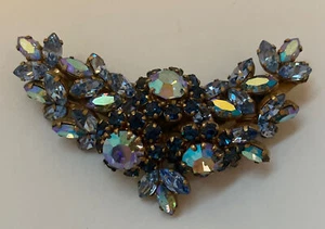 Schoffel Signed Austria Blue AB Glass Rhinestone Cluster Brooch - Picture 1 of 10