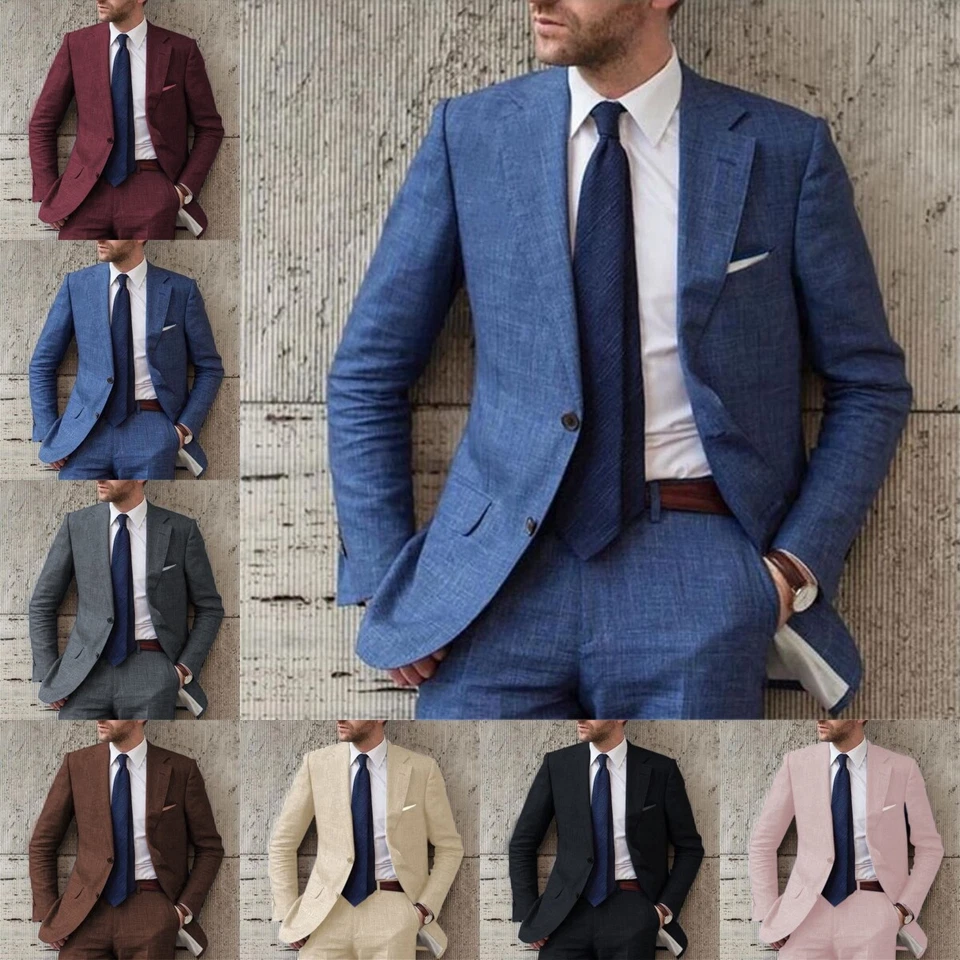 Terno de linho masculino 2 peças noivos ternos de casamento de verão blazer + calça 42r 44r 46r - Imagem 1 de 3