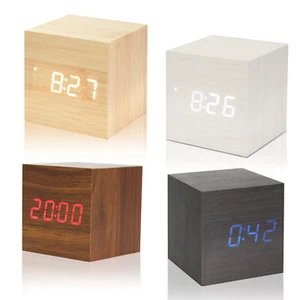 Wood Cube Clock LED Alarm Voice Control Digital Desk Bedside Wooden Temperature - Picture 1 of 40
