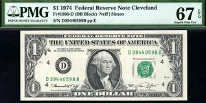1974 $1 Cleveland Federal Reserve Note • 1908-D • PMG 67 EPQ • DB Block POP 4/2 - Picture 1 of 2