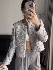 ZARA NEW SHORT ZW COLLECTION SEQUIN JACKET SILVER Size S 2885/152 - Picture 1 of 11