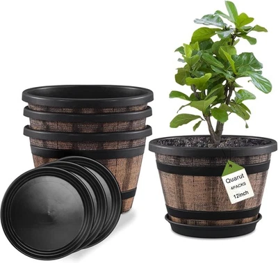Juego de 4 jardineras de barril de whisky de 12" con drenaje para interiores y exteriores Foto 1 de 4